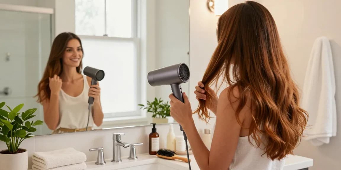 Sèche-cheveux tourmaline en action dans une salle de bain moderne, utilisation par une femme souriante pour des cheveux lisses et brillants.