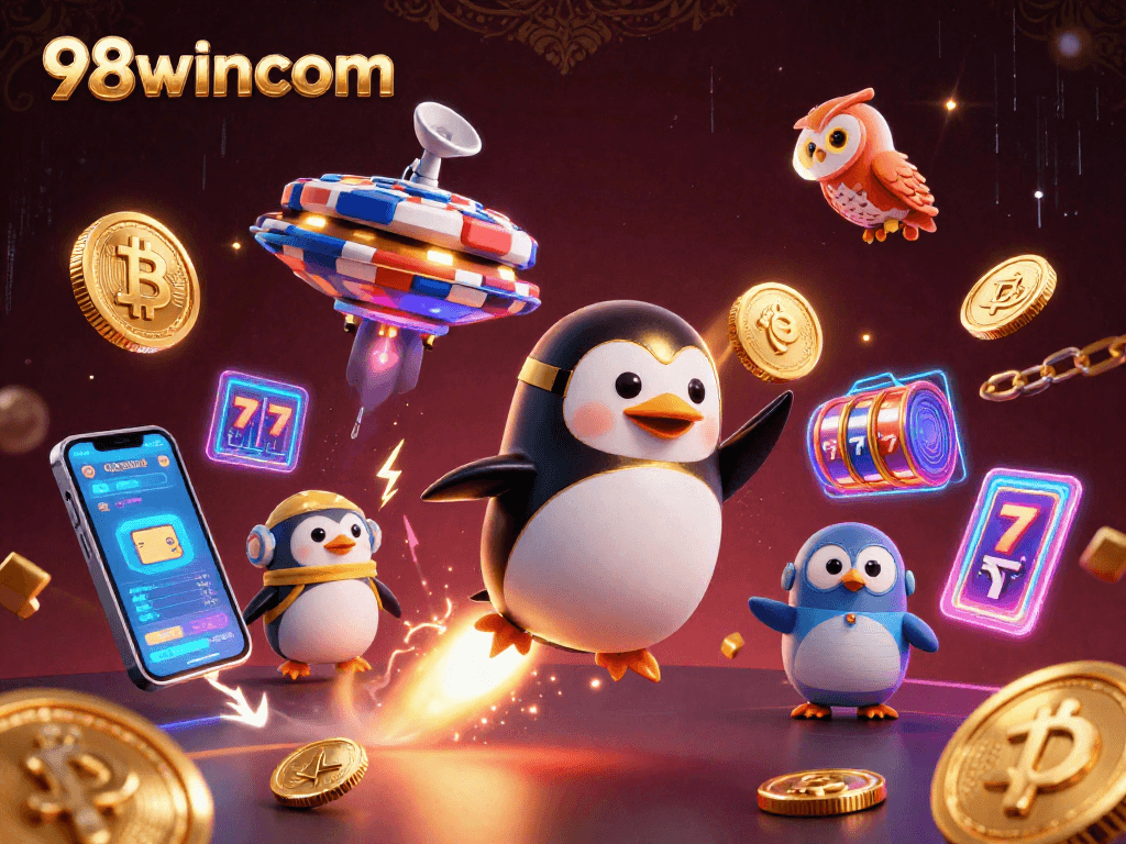 Experience excitement with 98wincom's dynamic casino adventure featuring a rocket penguin and cryptocurrency elements.