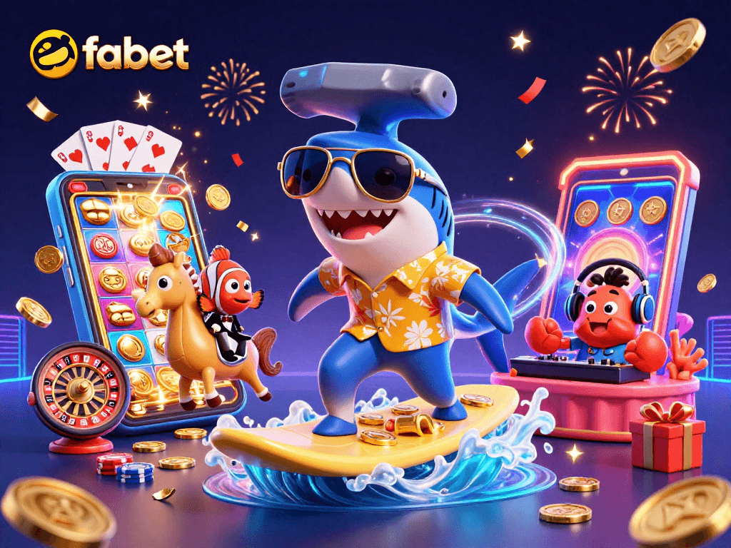 Surf thrilling games with fabet while a shark rides a gold coin wave amidst casino fun.
