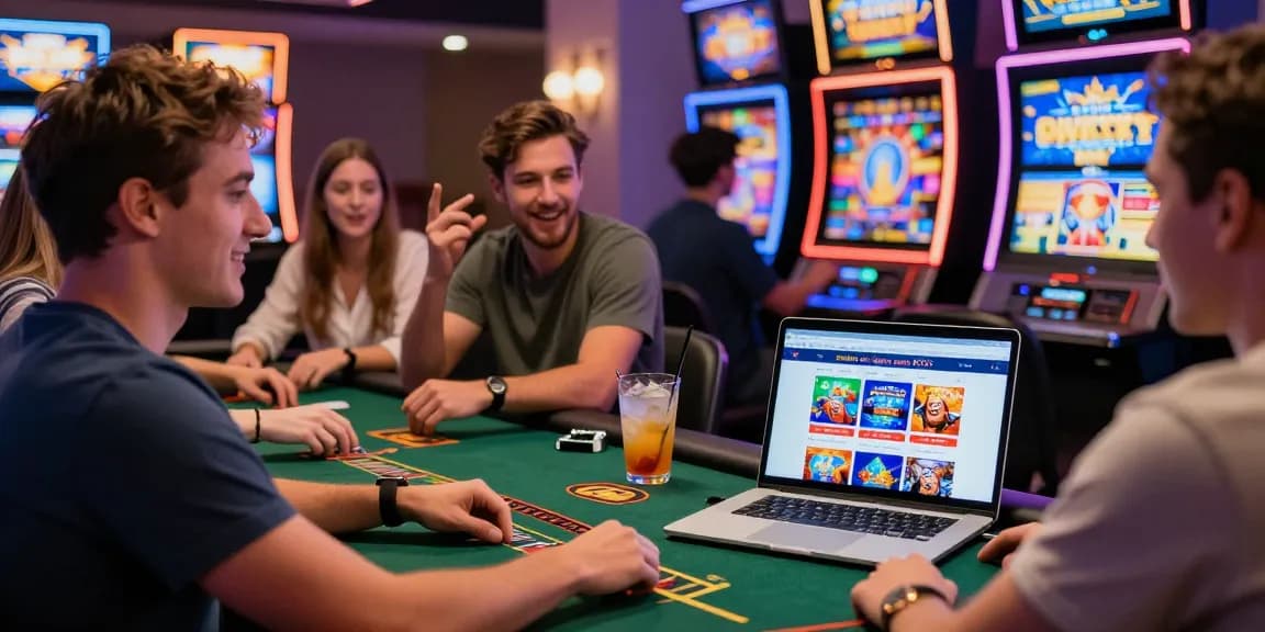 Scène de jeu au casino en ligne sans KYC avec des amis jouant ensemble, ambiance festive et machines à sous colorées.