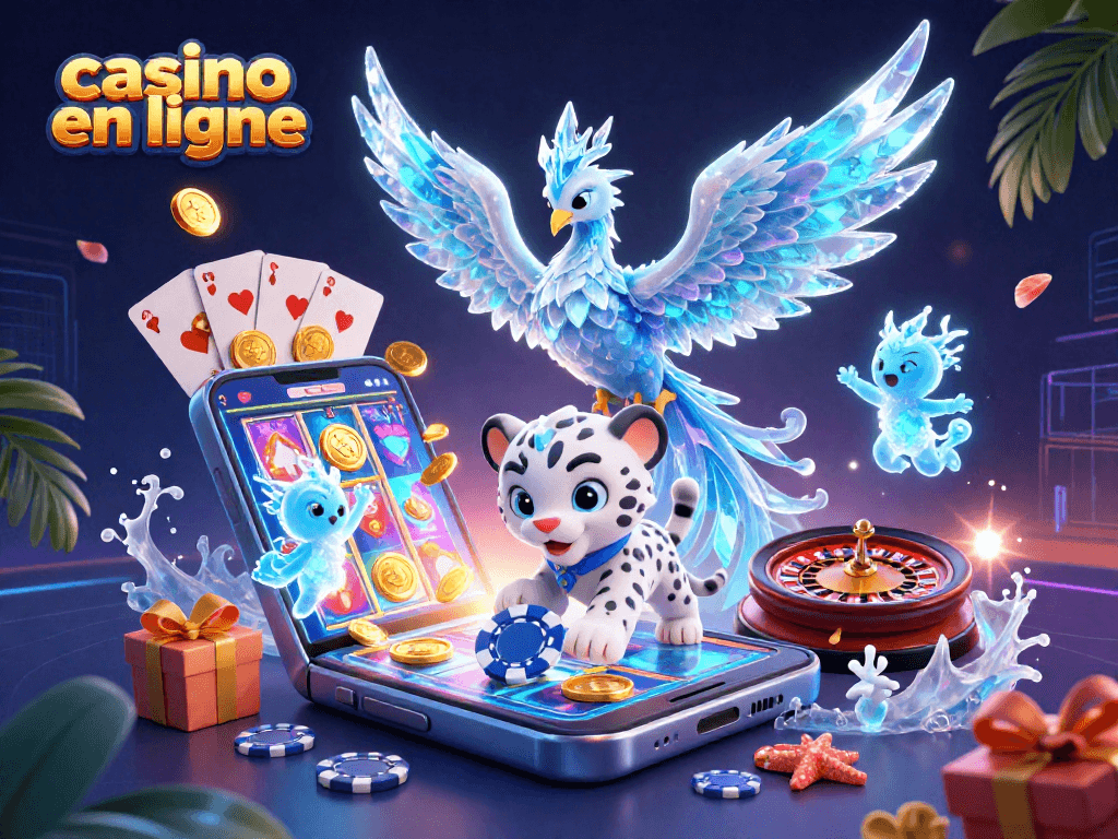 Découvrez des jeux captivants au casino en ligne avec un phénix de glace et un petit léopard, entourés d'éléments ludiques.