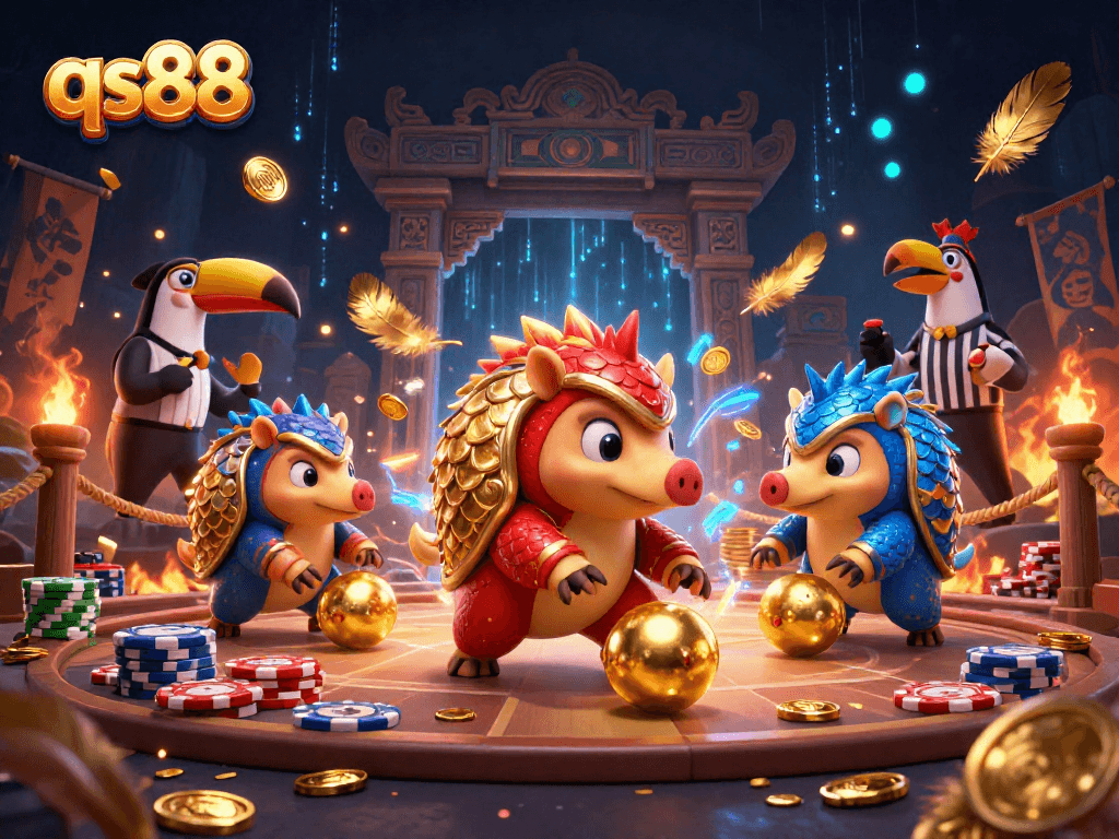 qs88 pangolins compete in a vibrant casino scene with poker chips and gold coins