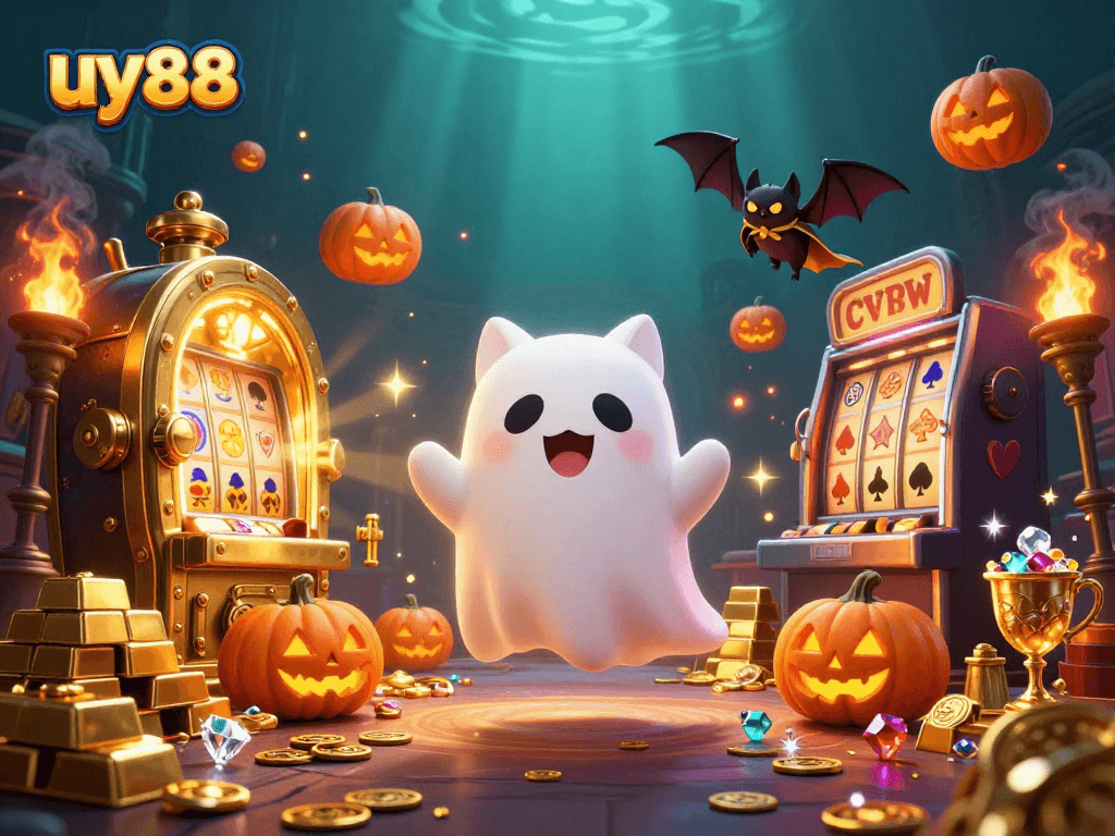Experience the thrill of uy88 with a friendly ghost cat and exciting casino elements!
