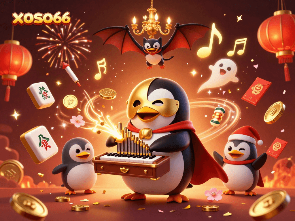 xoso66 engages players with a festive 3D scene featuring a penguin and exciting casino elements.