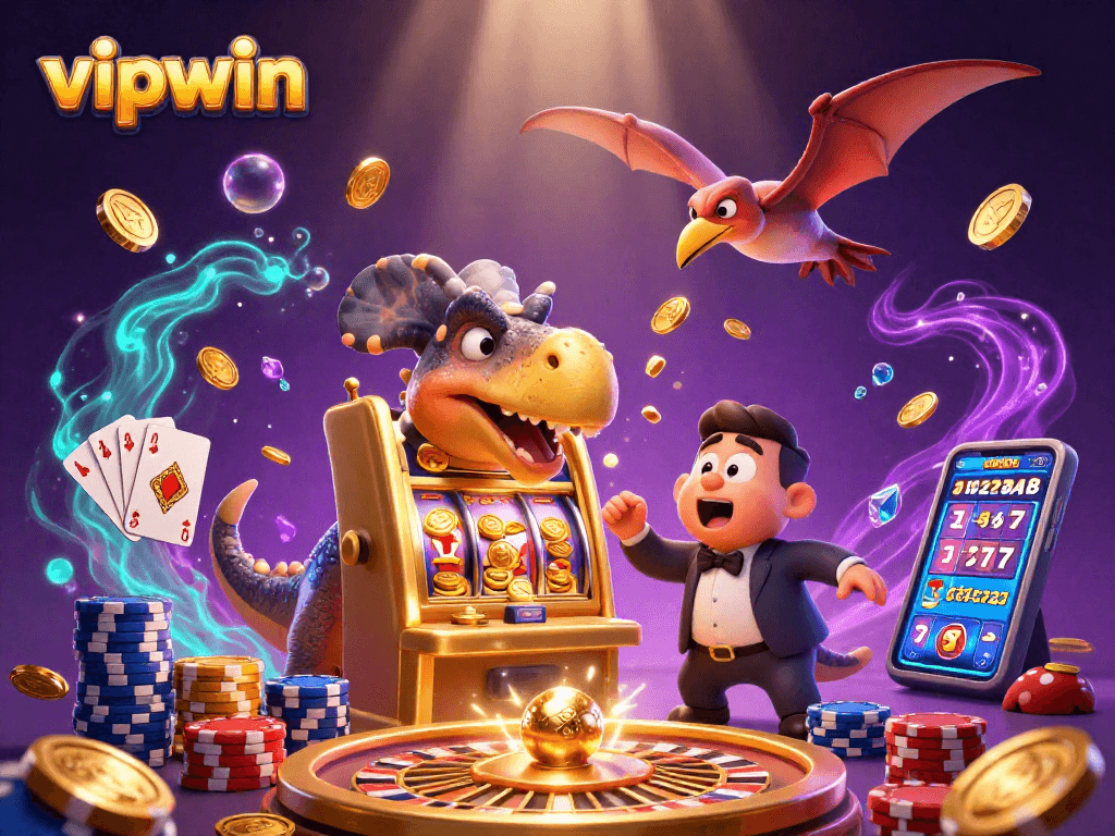 Experience exciting wins at vipwin as a cartoon pachycephalosaurus hits a golden slot machine for big jackpot coins.