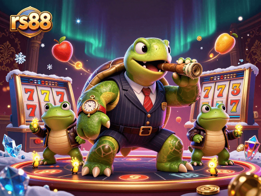 Experience the excitement of rs88 with a colorful 3D casino scene featuring a snapping turtle and bullfrogs.