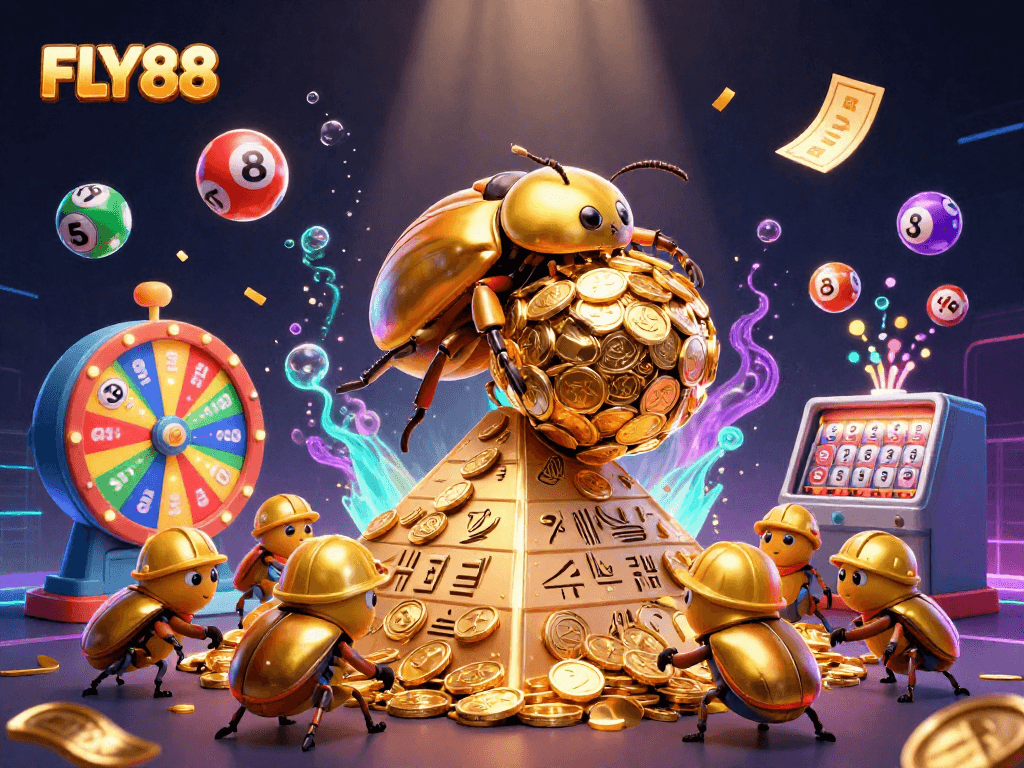 Engage with FLY88's dynamic casino scene featuring vibrant lottery elements and golden coins.