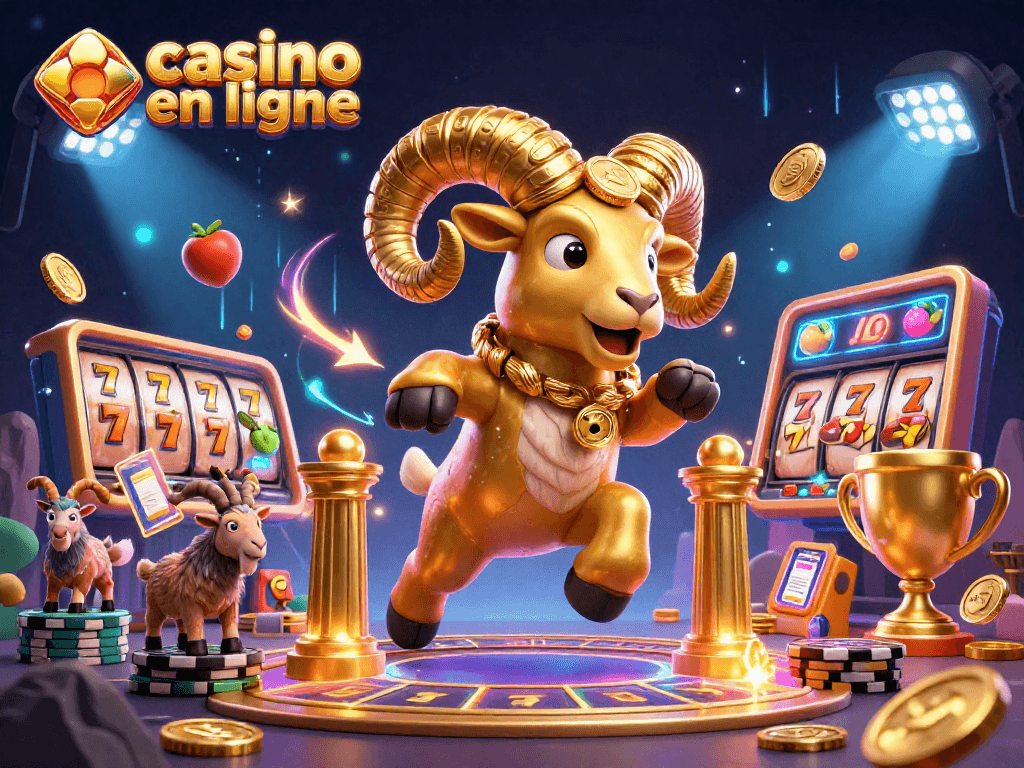 Jouer dans un casino en ligne : illustration dynamique d'un bélier doré chargeant vers un portail doré avec des éléments de machines à sous.