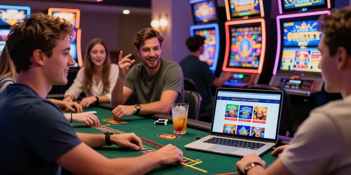 Scène de jeu au casino en ligne sans KYC avec des amis jouant ensemble, ambiance festive et machines à sous colorées.