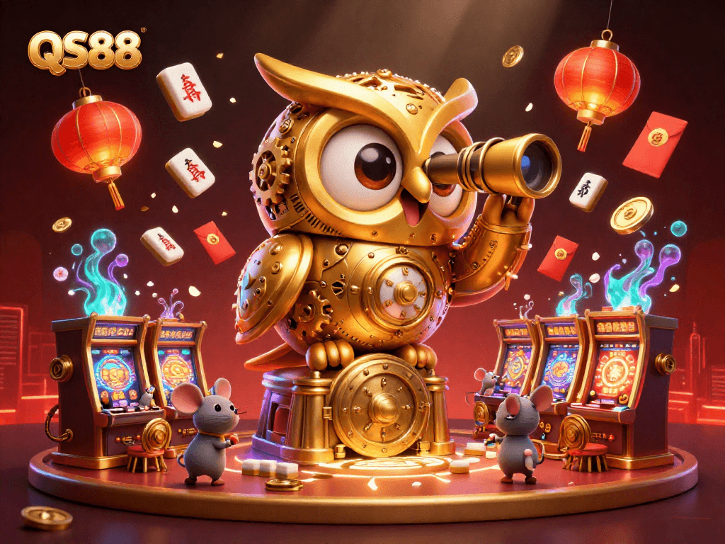 QS88 attracts players with its vibrant casino scene showcasing a golden owl's thrilling watch over vibrant games.