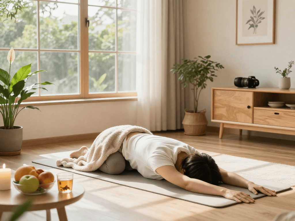 A tranquil wellness scene showcasing nohu life with a person practicing yoga in a cozy living room.