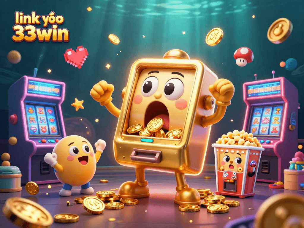 Engage with link vào 33win through an exciting 3D cartoon scene of a jackpot celebration with slot machines and arcade elements.