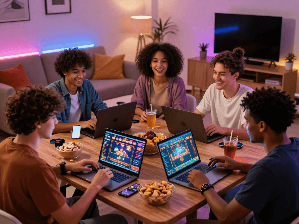 Scène de casino en ligne avec des amis jouant ensemble, ambiance festive et moderne.