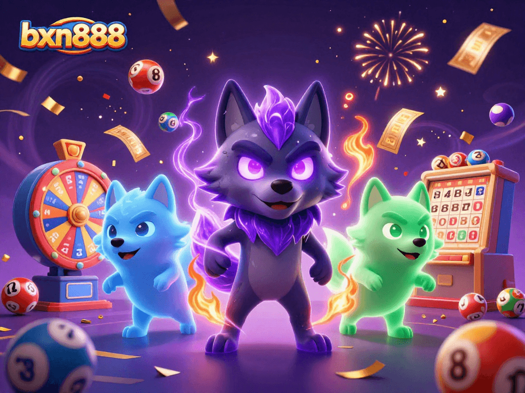 Experience thrilling gameplay and exciting winnings with bxn888 in this vibrant casino-themed illustration.