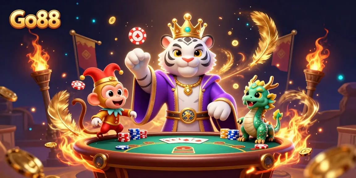 Go88 engages players by showcasing a royal tiger and monkey in an exciting poker scene.