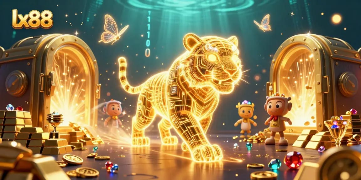 Experience the thrill of lx88 with a dazzling digital casino landscape featuring a golden tiger.