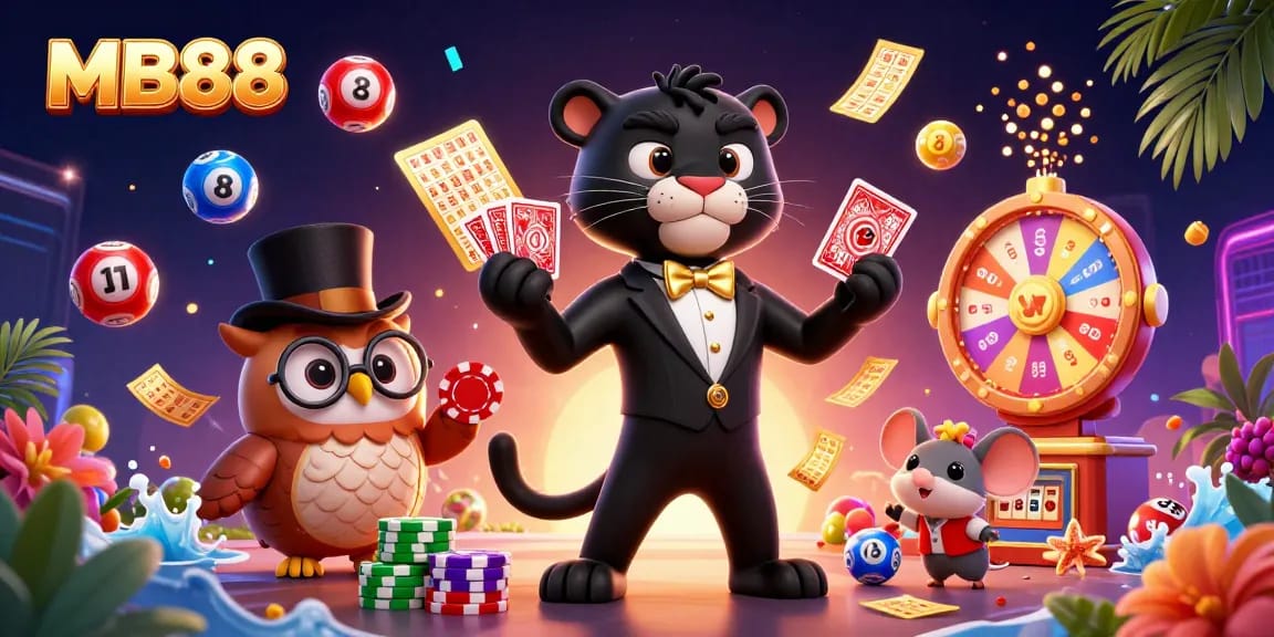 Engage with MB88's thrilling casino experience as the panther deals cards while surrounded by exciting game elements.