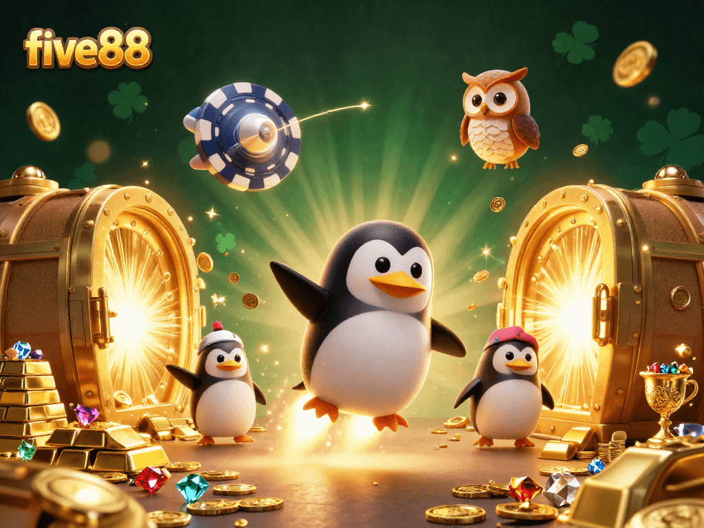 Experience excitement at five88 as a rocket-powered penguin zooms towards a casino space station!