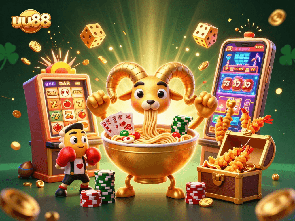 Experience thrilling gameplay at uu88 with a vibrant casino illustration showcasing exciting games and characters.