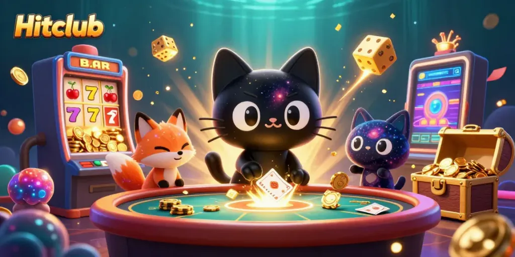 Hitclub players winning big at a cosmic casino with animated golden chips and vibrant rewards.