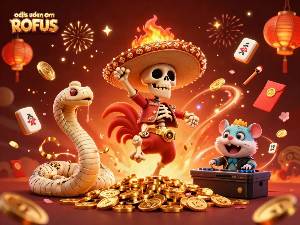 Experience thrilling odds uden om ROFUS with vibrant casino celebration featuring animated characters.