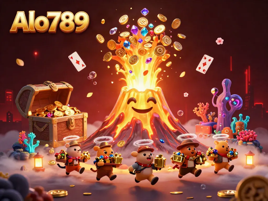 Experience the thrill of Alo789's golden volcano eruption with treasures in this vibrant casino illustration.