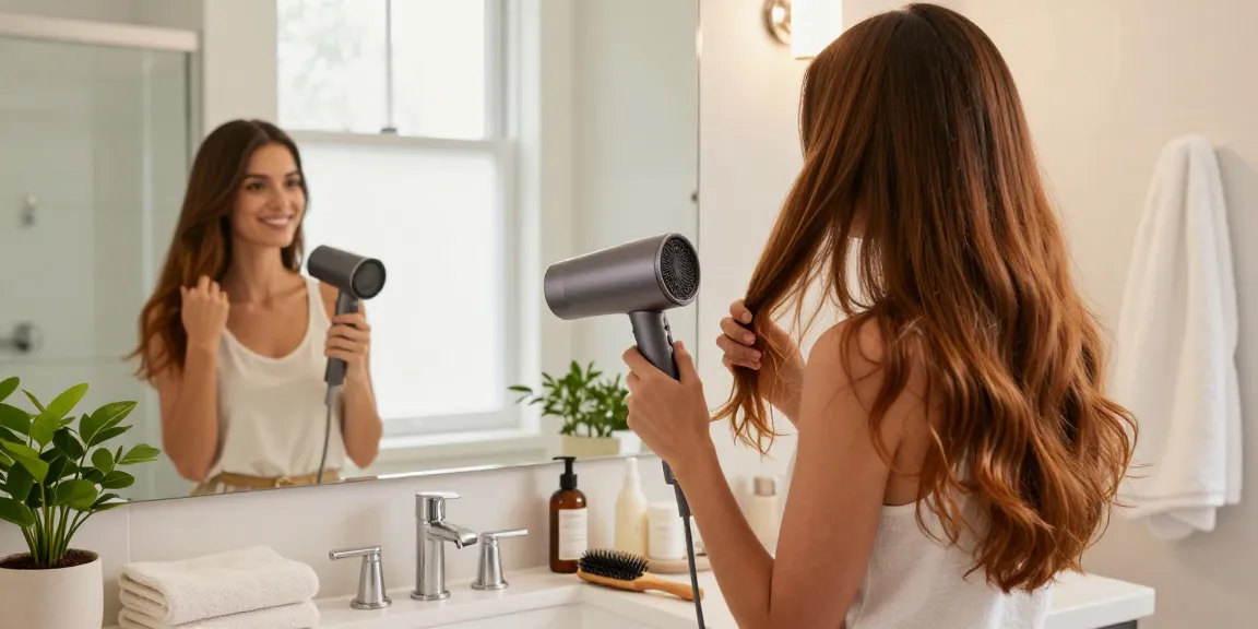 Sèche-cheveux tourmaline en action dans une salle de bain moderne, utilisation par une femme souriante pour des cheveux lisses et brillants.