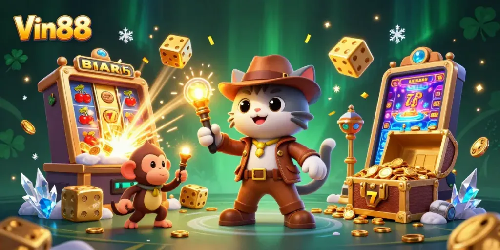 Experience thrilling gameplay at Vin88 with a cartoon archaeologist finding a golden casino artifact.