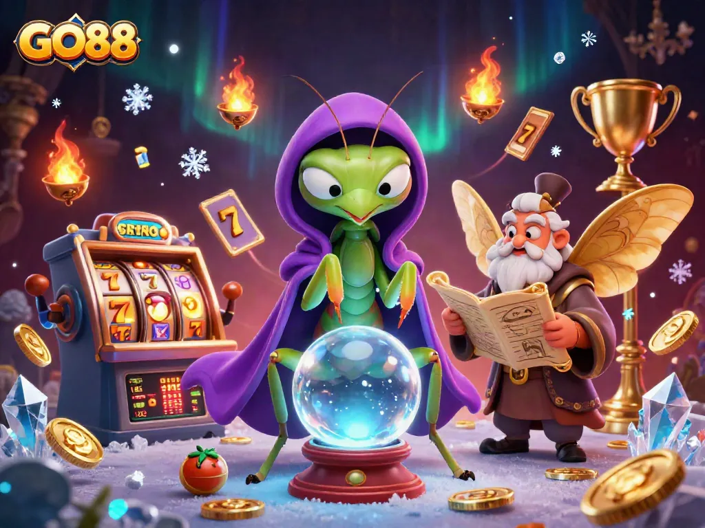Try your luck with GO88 in this vibrant casino illustration featuring slot machines and 3D characters!