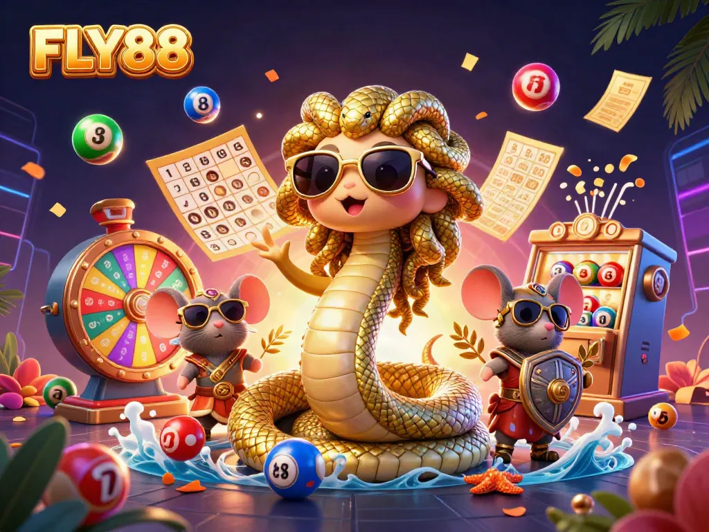 Win big with FLY88 at a vibrant lottery-themed casino scene full of excitement.