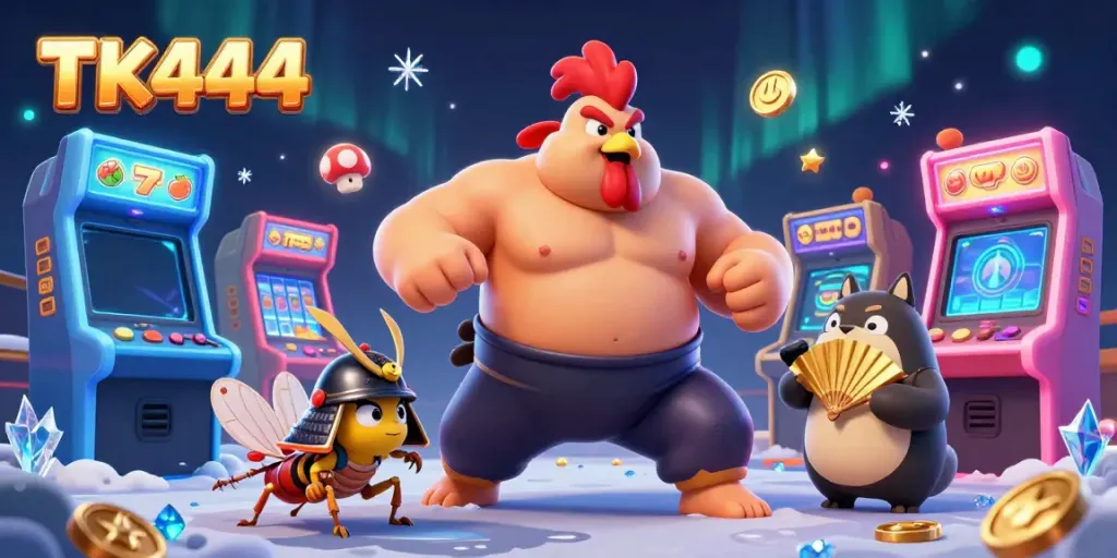 Experience the excitement of TK444 with dynamic gaming characters in a vibrant casino setting.