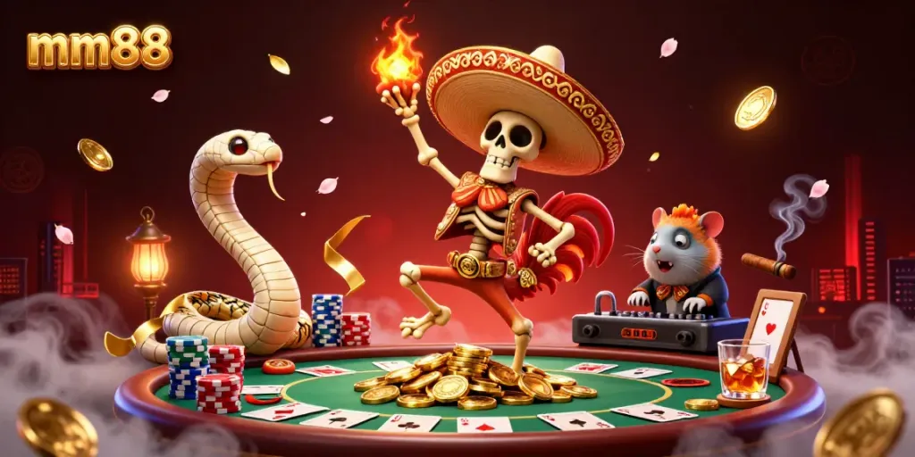 Experience the vibrant world of mm88 with a dynamic 3D cartoon scene featuring poker elements.