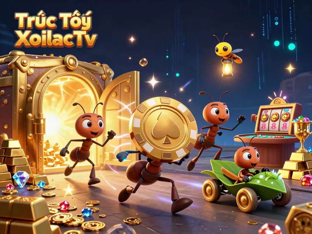 Experience Trực Tiếp XoilacTv with a vibrant 3D heist scene featuring cartoon ants and poker elements.