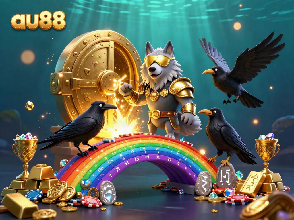 Engage with the immersive world of au88, featuring a Norse-inspired Odin wolf and ravens surrounded by sparkling casino treasures.