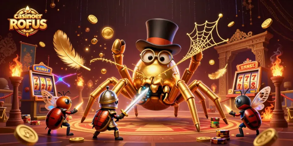 Experience exciting casinoer uden ROFUS action with a golden tarantula and beetle knight in this vibrant illustration.