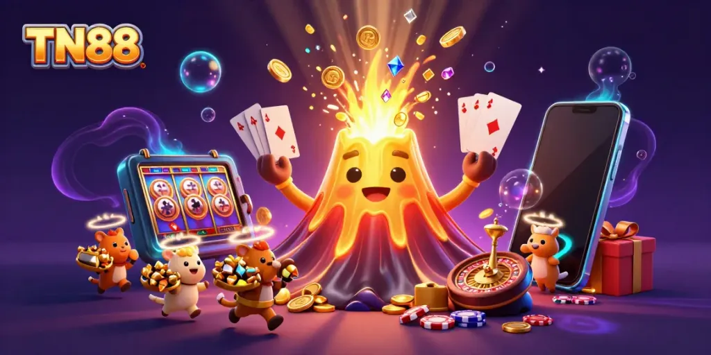 Experience the thrilling eruption of treasures with TN88, featuring action-packed slots and vibrant casino elements.