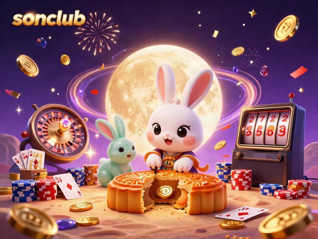 Experience thrills at sonclub with a moon rabbit themed casino scene featuring games and festive elements.