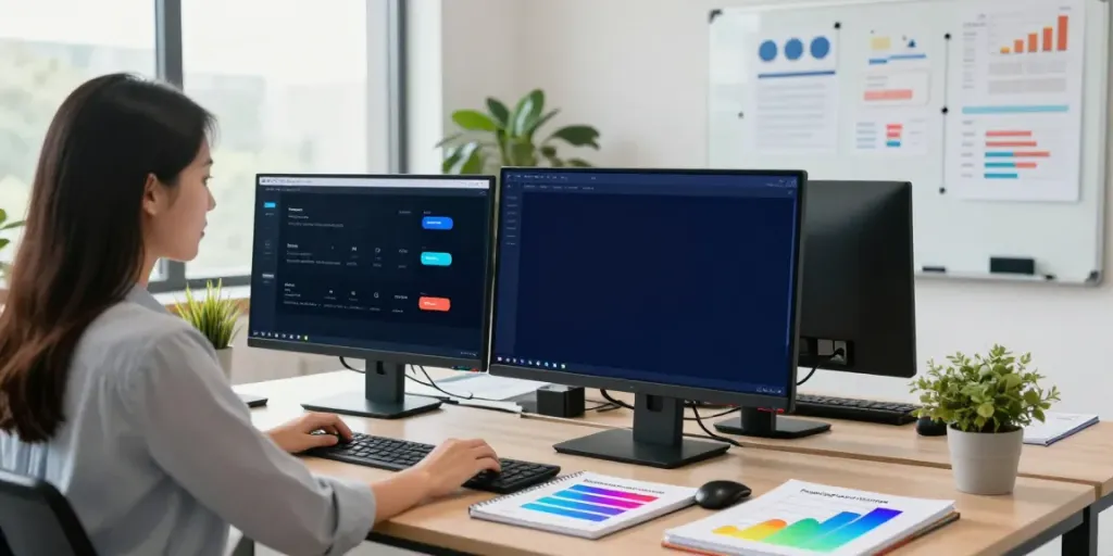 Buy likes strategy session in a modern digital marketing office with metrics and charts.