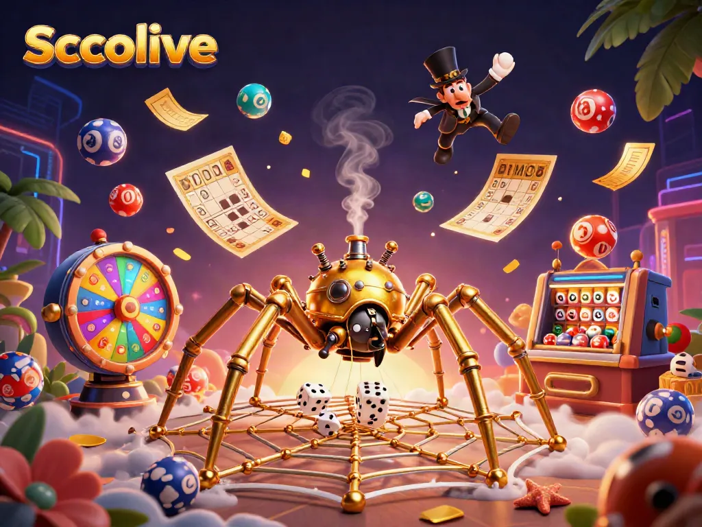 Experience the Socolive excitement with a steampunk spider catching luck in a vibrant gambling scene.