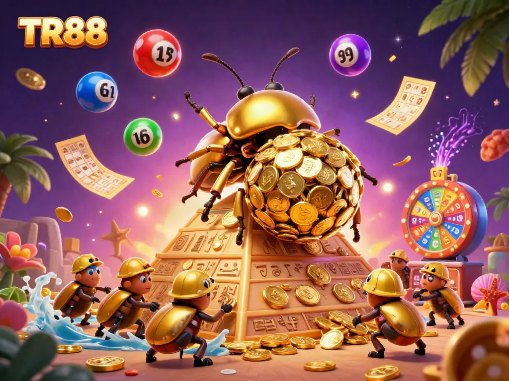 Engage in the thrilling Casino experience at TR88 with colorful lottery elements and golden treasures.
