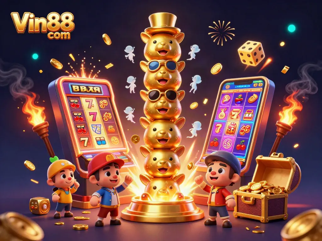 Experience the excitement of Vin88 com with a vibrant 3D casino scene overflowing with riches.