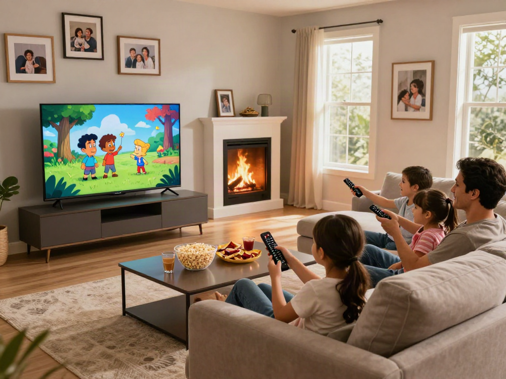 Une famille profitant de leur soirée avec Iron tv dans un salon confortable, ambiance chaleureuse et conviviale.