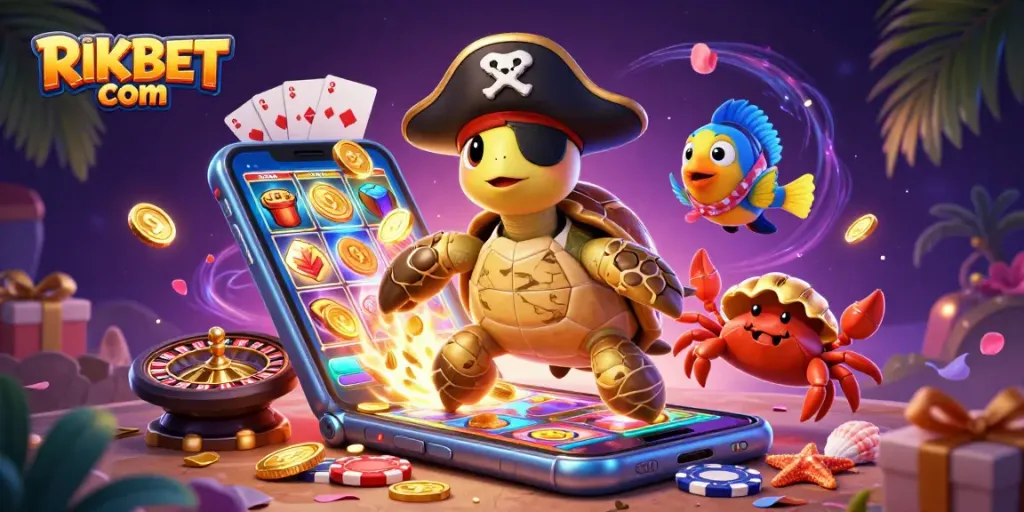 Engage in thrilling gaming adventures with the RIKBET com pirate turtle amid vibrant casino elements!