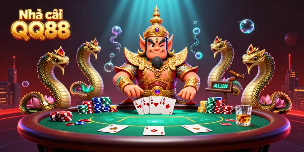 Experience the vibrant gaming world at Nhà cái QQ88 with a vivid scene of poker action, featuring a temple guardian and Naga companions.