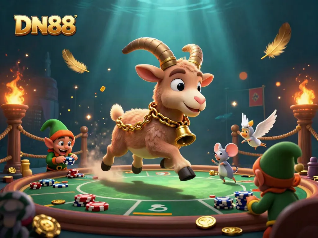 Engage in the exciting world of DN88 online gambling, featuring lively characters in a dynamic casino scene.
