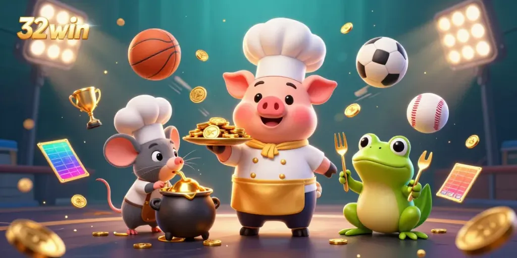 Engage with 32win in this vibrant casino scene featuring a chef pig, undersea ambiance, and flying sports elements.
