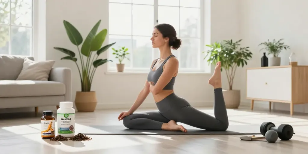Wellness enthusiast practicing yoga with Natura Force supplements in a bright home.