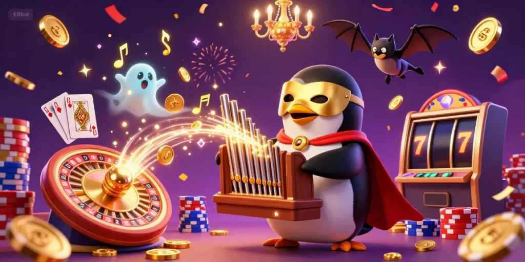 Experience the excitement at f8bet with a playful penguin organist amid flying coins and gems, capturing the thrill of gaming.