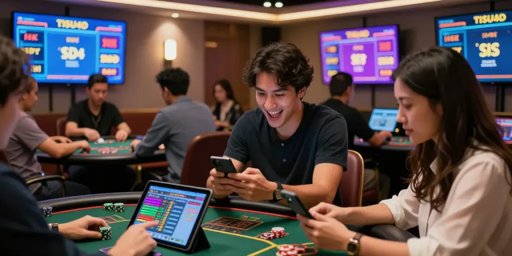 Pengguna TISU4D memeriksa aplikasi taruhan online dalam suasana ramai, menunjukkan pengalaman judi yang menarik.