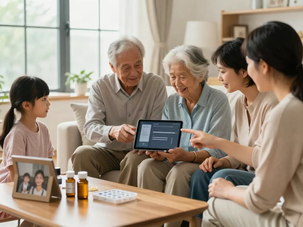 Application médicaments personne âgée utilisée par une famille réunie dans un salon lumineux pour coordonner les soins.
